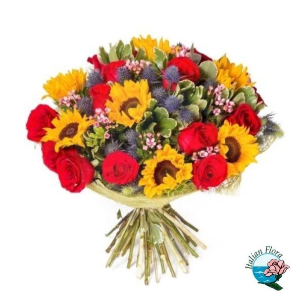 Bouquet di rose rosse e girasoli