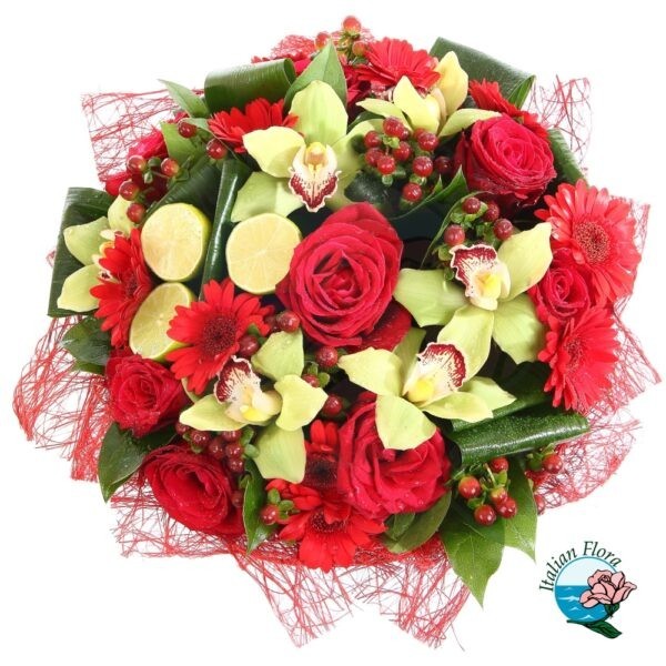 Bouquet con fiori rossi e orchidee