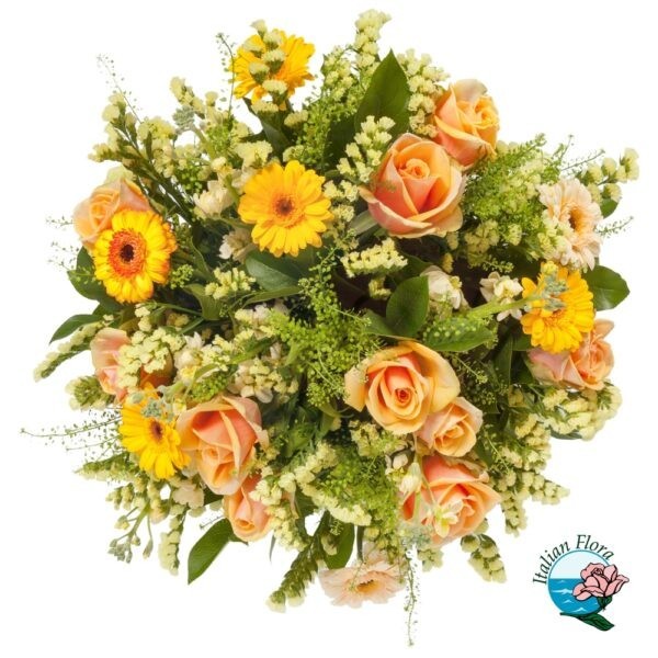 Bouquet di gerbere e rose toni giallo e arancio