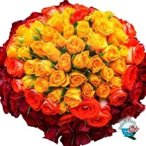 Bouquet con 100 rose gialle rosse e arancio