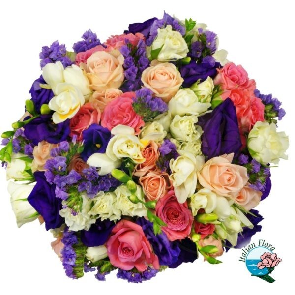 Bouquet funebre con roselline e fiori viola