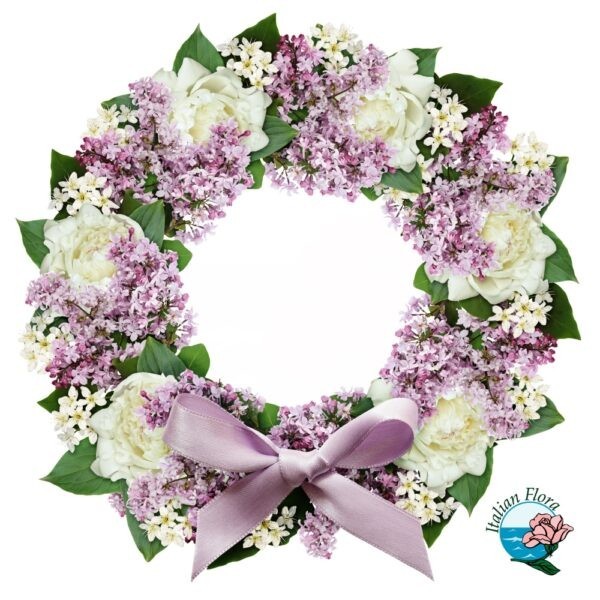 Corona funebre con rose bianche e fiori viola